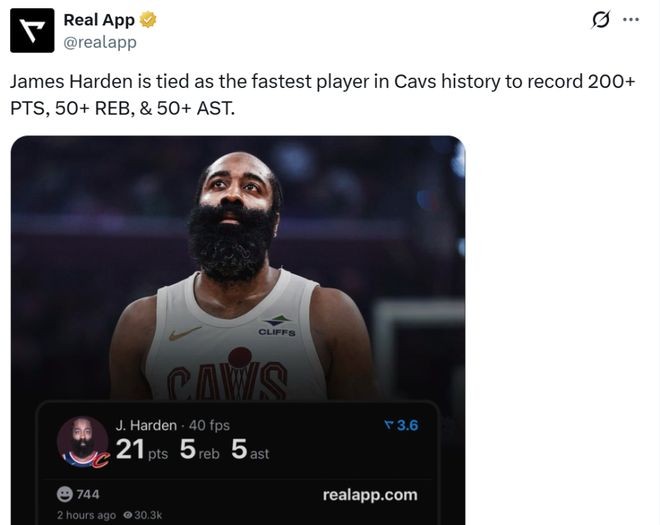 哈登创历史唯一29000分+3000三分纪录 骑士4-0