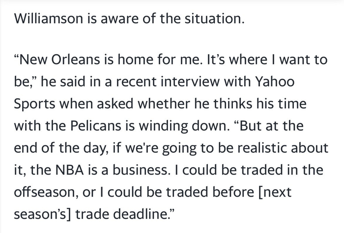 锡安坦言或被鹈鹕交易 未来留队成现实难题